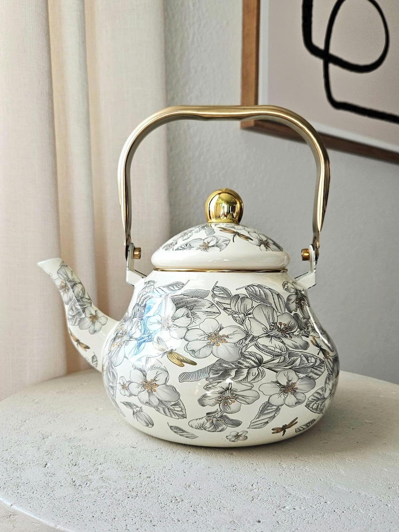 Floral Tea Kettle for Stove Top, Vintage Kettle, Tea Kettle, Kettle, Gold Handle, Enamel Tea Kettle, Gas Kettle, Stovetop Tea Kettle 2.0L