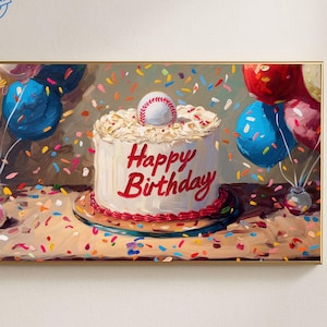 Baseball Happy Birthday Frame TV Art Celebration Textured Oil Painting of Cake and Balloons Sports Themed Frame TV Art Baseball Fan Gift