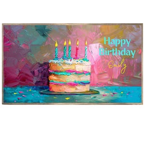 Custom Happy Birthday Frame Tv Art Happy Birthday Cake With Name Pink Girl Birthday Decorations Child Kids Birthday Cake Samsung Frame TV