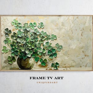St Patrick's Day Frame TV Spring Art Clover Shamrock Art Green Botanical Textured Still Life Painting   Vintage Irish Decor