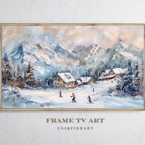 Könnte beinhalten: Ölgemälde einer verschneiten Berglandschaft mit Skifahrern und Hütten. Das Kunstwerk verwendet Blau-, Weiß- und Brauntöne mit sichtbaren Pinselstrichen. Der Text "FRAME TV ART" und "UNIQFINDART" befindet sich unten.