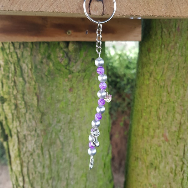 purple and silver coloured keyring, cats charms, can be used both for keys or cell phone