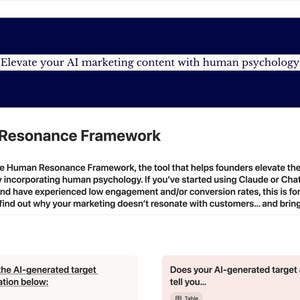 May include: Screenshot of a webpage titled "The Human Resonance Framework." The page features the text "Elevate your AI marketing content with human psychology." A pink brain graphic is visible. The page provides information on AI marketing.