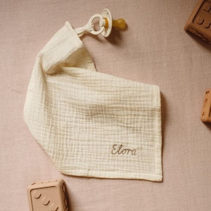 Embroidered Muslin Baby Cloth: Personalized Pacifier Holder, Organic Cotton