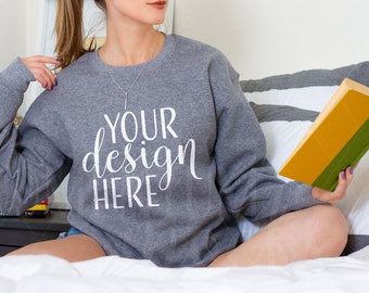 Graphite Heather Gildan 18000 Mockup, Bookish Shirt Mockup, Gildan Crewneck Mockup, Heather Sweatshirt Model Mockup, 18000 Graphite Heather