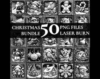 Puede incluir: Un conjunto de 50 archivos PNG en blanco y negro con temática navideña para corte por láser. Las imágenes incluyen una variedad de iconos navideños, como muñecos de nieve, renos, adornos y Papá Noel.
