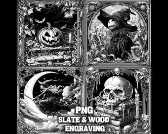 Halloween Engrave Set PNG, Scary Laser Burn Bundle, Slate Coaster Engraving File Pack, Ghost Slate Coaster, Pumpkin Engraving PNG, Witch
