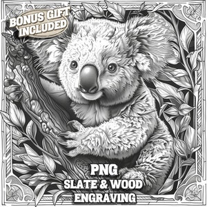 Gravure de koala PNG, mignon koala sur un arbre fichier de gravure laser, fichier de gravure de sous-bock en ardoise, gravure laser prête pour l'ardoise et sous-bock en bois