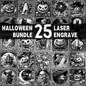 May include: A black and white Halloween bundle with 25 laser engraved designs. The designs include pumpkins, ghosts, witches, cats, and haunted houses. The images are in a grid pattern.