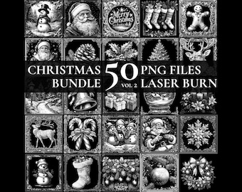 Puede incluir: Un conjunto de 50 archivos PNG en blanco y negro con temática navideña para corte por láser. Las imágenes incluyen una variedad de símbolos navideños, como un muñeco de nieve, Papá Noel, un reno y un árbol de Navidad. El texto "Christmas Bundle Vol. 2 Laser Burn" se muestra en la imagen.