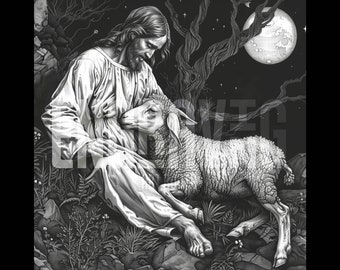 Könnte beinhalten: Eine Schwarzweißillustration von Jesus, der mit einem Lamm auf seinem Schoß sitzt. Die Szene spielt vor einem dunklen Hintergrund mit Vollmond und Sternen.