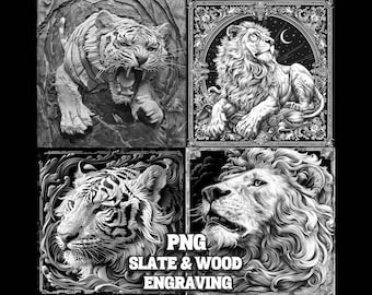 Op de afbeelding: Vier zwart-witte digitale illustraties van een tijger en een leeuw. De afbeeldingen zijn in een vierkant formaat en zijn gerangschikt in een raster. De tekst "PNG SLATE & WOOD ENGRAVING" staat onderaan de afbeelding.
