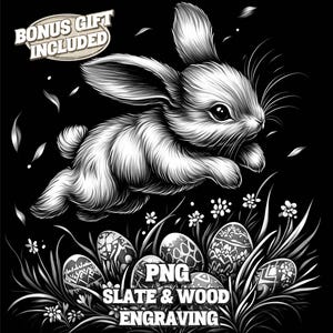 Może przedstawiać: Czarno-biała ilustracja królika skaczącego nad łóżkiem z jajek wielkanocnych. Obraz zawiera tekst "PNG SLATE & WOOD ENGRAVING".