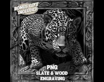 May include: Black and white digital illustration of a jaguar with a spotted coat. The jaguar is looking directly at the viewer. The image is framed with a decorative border and the text "PNG SLATE & WOOD ENGRAVING" is at the bottom.