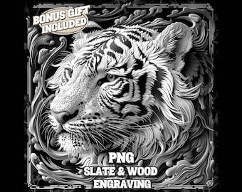 May include: Black and white digital illustration of a tiger's face with intricate details. The image is framed with a decorative border and includes the text "PNG, SLATE & WOOD ENGRAVING".