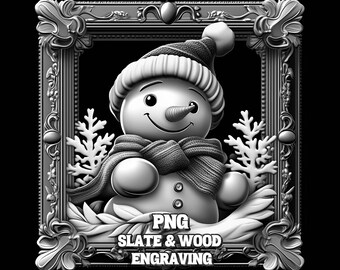 May include: A black and white 3D rendering of a snowman wearing a hat and scarf, with pine branches on either side. The image is framed with an ornate frame and the text "PNG SLATE & WOOD ENGRAVING" is at the bottom.