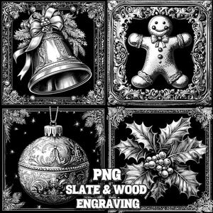 Conjunto de 4 PNGs de gravação a laser de Natal, pacote de gravação para festas, porta-copos festivo de ardósia para inverno, enfeite de Natal, boneco de gengibre, azevinho