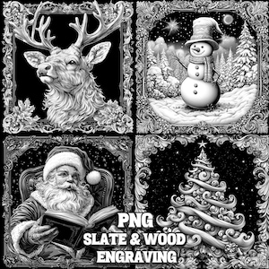 クリスマス レーザー バーン セット 4 ファイル、ホリデー PNG バンドル、お祭りのトナカイ スレート コースター エングレーブ、雪だるま、クリスマス ツリー、サンタクロース アート