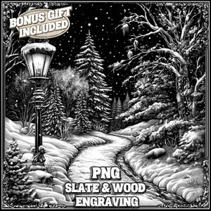May include: Black and white digital illustration of a snowy winter scene with a lamppost, a winding path, and trees. The text "PNG SLATE & WOOD ENGRAVING" is at the bottom of the image.