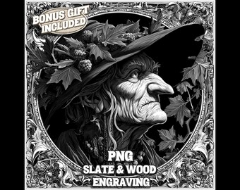 May include: Black and white engraving of an elderly woman wearing a hat adorned with leaves and berries. The image is framed with ornate floral designs and includes the text "PNG SLATE & WOOD ENGRAVING". A bonus gift is included.