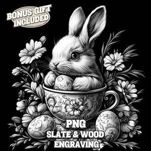 Theekopje Bunny Laser Burn PNG, Happy Easter graveerbestand, leisteen onderzetter Pasen graveren, Glowforge, Xtool Sculpfun, CO2-laser, Lightburn