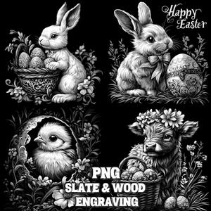 イースター彫刻 PNG 4 個セット、春のレーザー バーン PNG ファイル バンドル、イースター スレート コースター レーザー彫刻、レーザー バーン 春のコースター彫刻