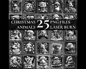 Christmas Engrave Bundle of 25, Laser Burn 3D Illusion PNG File Set, Cute Festive Winter Animals Slate Coaster Engraving Pack, Mega Bundle