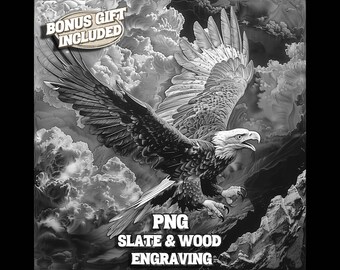 Puede incluir: Ilustración digital en blanco y negro de un águila calva volando a través de las nubes. La imagen incluye el texto "PNG SLATE & WOOD ENGRAVING".