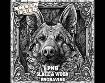 May include: A black and white digital illustration of a German Shepherd dog's head in a decorative frame. The image is labeled "PNG SLATE & WOOD ENGRAVING".