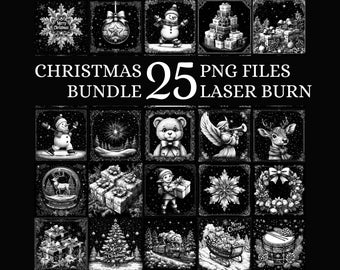 Puede incluir: Paquete de arte digital en blanco y negro con temática navideña. La imagen presenta 25 archivos PNG con varias ilustraciones navideñas, incluyendo muñecos de nieve, adornos, regalos y copos de nieve. El texto dice "Christmas Bundle 25 PNG Files Laser Burn."