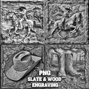Western Engrave PNG-bundel, Cowboy Laser Burn Set van 4 bestanden, Cowboy of Cowgirl Lasergravure Cadeau, Western Leisteen Coaster Gravure Pack