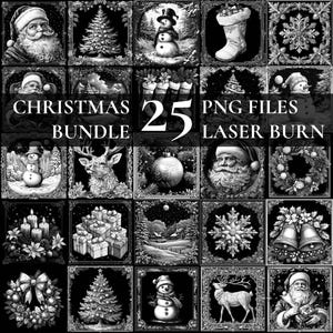 Paquete de 25 grabados navideños, conjunto de archivos PNG grabados con láser, paquete de animales grabados con láser para posavasos de pizarra de invierno, megapaquete festivo
