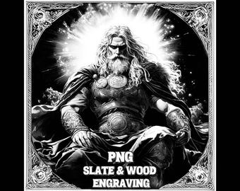 May include: Black and white illustration of a powerful figure with long hair and beard, wearing armor and a cape. The figure is sitting on a throne with a bright light behind them. The text "PNG SLATE & WOOD ENGRAVING" is at the bottom of the image.