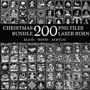Puede incluir: Imagen en blanco y negro que muestra un paquete navideño con 200 archivos PNG para proyectos de grabado láser. La imagen presenta numerosas ilustraciones pequeñas y detalladas de diseños temáticos navideños, incluyendo adornos, animales y escenas festivas.