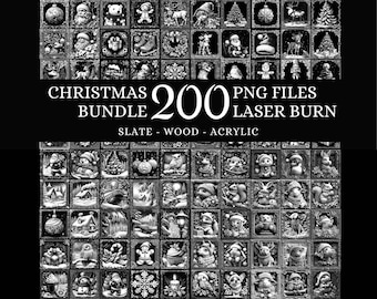 Puede incluir: Imagen en blanco y negro que muestra un paquete navideño con 200 archivos PNG para proyectos de grabado láser. La imagen presenta numerosas ilustraciones pequeñas y detalladas de diseños temáticos navideños, incluyendo adornos, animales y escenas festivas.