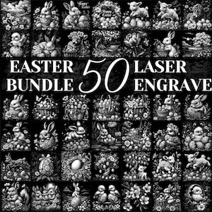 Paasgravure set van 50, lente laserbranden png-bestandsbundel, leisteen onderzetter voor Pasen graveren, schattige dieren laserbranden, Pasen Lightburn Xtool