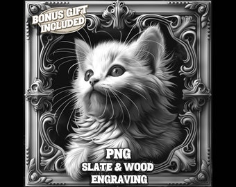 Puede incluir: Una ilustración digital en blanco y negro de un gatito blanco y esponjoso mirando hacia arriba, enmarcado en un marco adornado de color plateado. La imagen está etiquetada como "PNG SLATE & WOOD ENGRAVING".