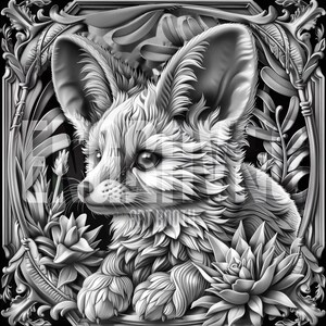 Puede incluir: Una ilustración 3D en blanco y negro de un zorro del desierto con orejas grandes, sentado en un marco decorativo con detalles florales.