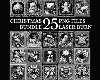 Puede incluir: Un paquete navideño en blanco y negro con 25 archivos PNG para proyectos de grabado láser. Las imágenes incluyen a Papá Noel, renos, muñecos de nieve, adornos y otros diseños temáticos navideños, todos enmarcados.