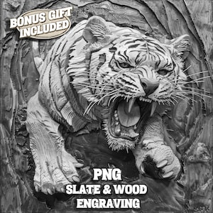 May include: Black and white wood engraving of a tiger with its mouth open, showing its teeth. The tiger is surrounded by a carved wood background. The text "BONUS GIFT INCLUDED" is in a circle at the top left. The text "PNG SLATE & WOOD ENGRAVING" is at the bottom.