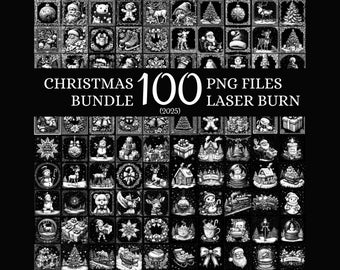 Puede incluir: Una imagen en blanco y negro que presenta una colección de 100 archivos PNG con temática navideña. La imagen se compone de numerosas ilustraciones cuadradas pequeñas, cada una de ellas con un diseño festivo diferente. El texto de la imagen dice "Christmas Bundle 100 PNG Files Laser Burn".