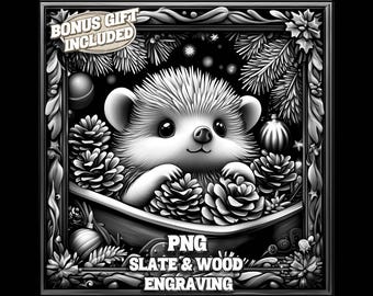 May include: Monochrome illustration of a hedgehog with pinecones and festive decorations. The image is framed with ornate details and features the text "BONUS GIFT INCLUDED" and "PNG SLATE & WOOD ENGRAVING".