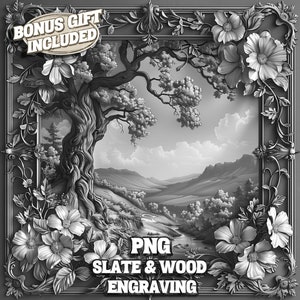 Landscape Engraving PNG, Peaceful Nature Laser Burn File, Floral Slate Coaster Engrave File, Laser Engrave Ready for Slate and Wood Coaster