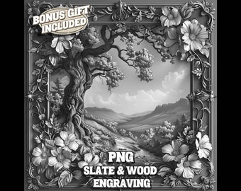 Landscape Engraving PNG, Peaceful Nature Laser Burn File, Floral Slate Coaster Engrave File, Laser Engrave Ready for Slate and Wood Coaster