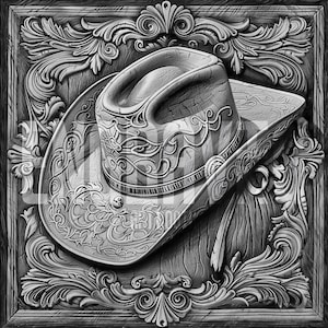 May include: A black and white illustration of a cowboy hat with intricate designs. The hat is framed by a decorative border.