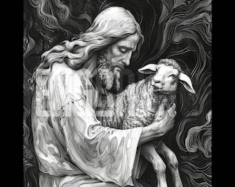 Könnte beinhalten: Eine Schwarzweißillustration eines Mannes mit langem Haar, der ein Lamm in seinen Armen hält. Der Mann trägt eine Robe und das Lamm schaut ihn an.
