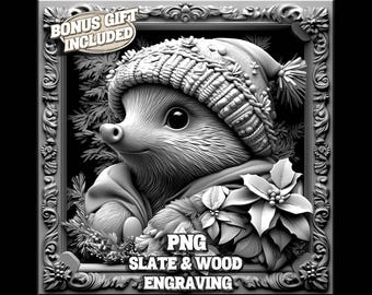 May include: A 3D rendering of a hedgehog wearing a knitted hat and scarf, surrounded by poinsettia flowers. The image is framed with an ornate border and includes the text "PNG SLATE & WOOD ENGRAVING".