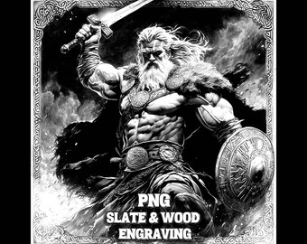 May include: Black and white illustration of a muscular Viking warrior with a long beard, holding a sword and shield. The image is framed with a Celtic knot border and includes the text "PNG SLATE & WOOD ENGRAVING".