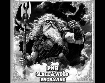 May include: Black and white digital illustration of a bearded man holding an axe. He is wearing a horned helmet and a cloak. The background is a cloudy sky with two ravens flying.