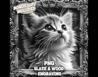 Puede incluir: Ilustración digital en blanco y negro de la cara de un gatito en un marco decorativo. PNG, Grabado en pizarra y madera.